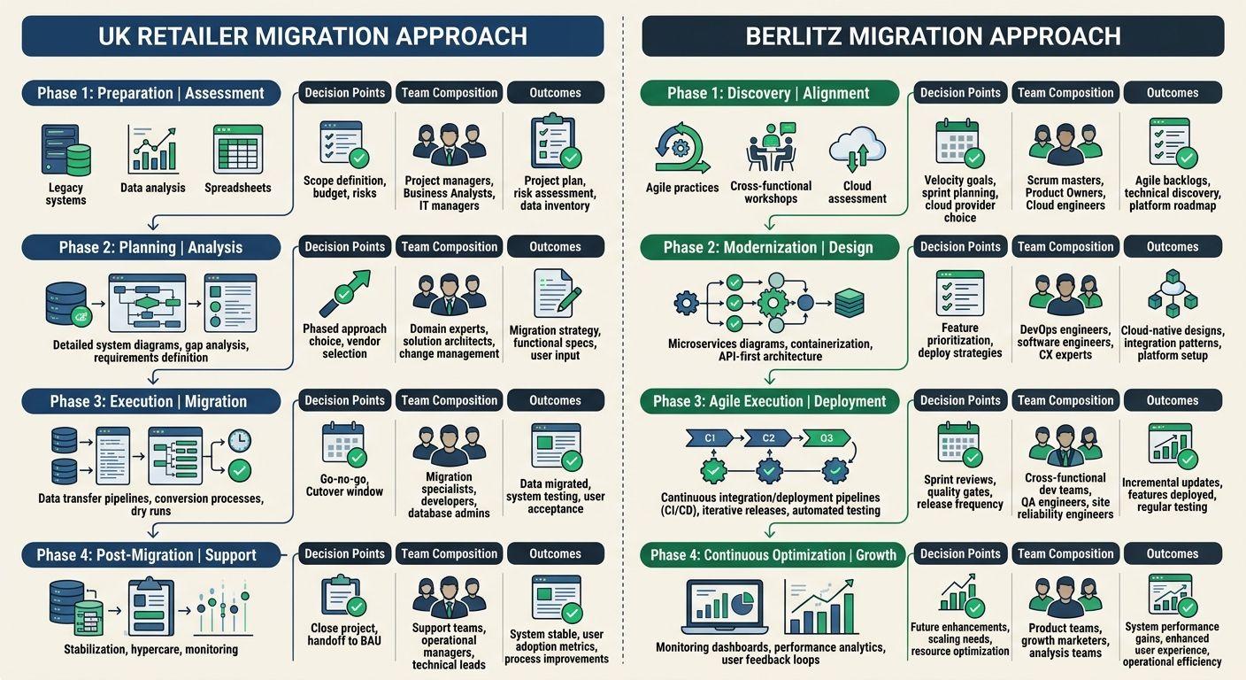side-by-side comparison of the UK retailer migration approach versus the Berlitz migration approach, showing decision points, team composition, and outcomes at each phase