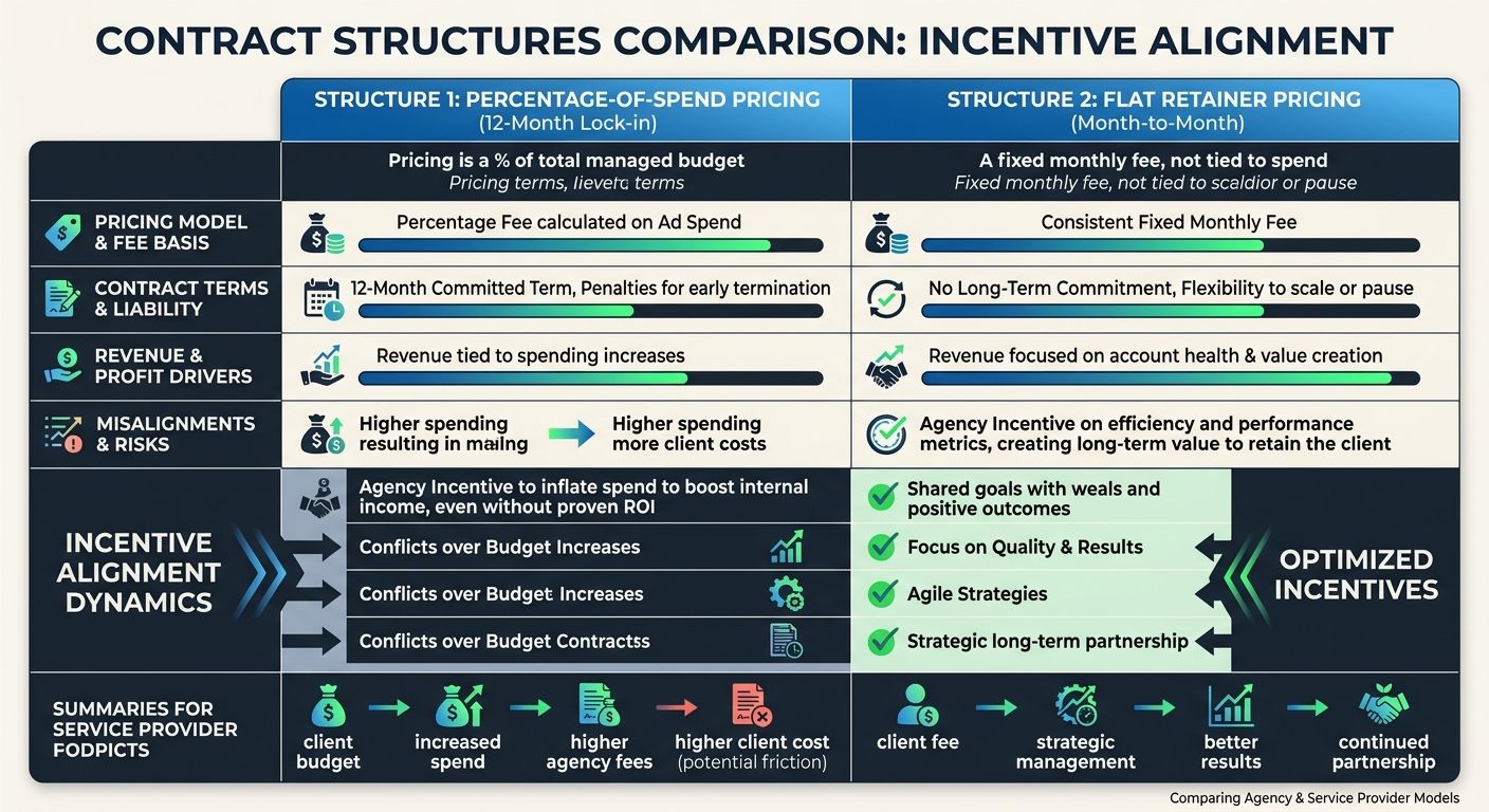 A comparison table showing two contract structures — percentage-of-spend pricing with 12-month lock-in versus flat retainer pricing with month-to-month terms, highlighting incentive alignment differen