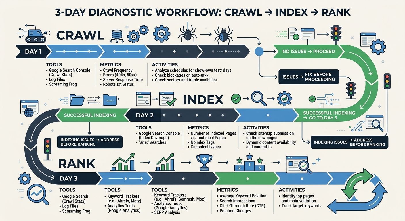 An infographic showing the 3-day crawl-index-rank diagnostic workflow with timeline, tools used at each step, specific metrics to check, and decision points for escalating to the next layer
