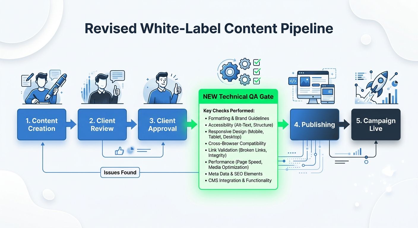 A simple workflow diagram showing a revised white-label content pipeline with a new "Technical QA Gate" step inserted between "Client Approval" and "Publish," listing the key checks performed at that 