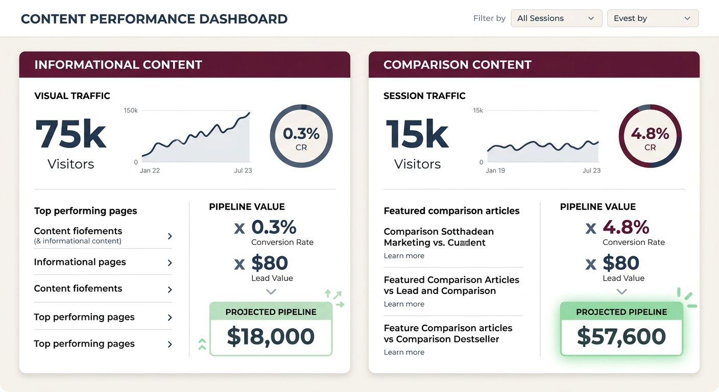 A dashboard mockup showing two content clusters side by side — one labeled "Informational Content" with high traffic but low conversion rate (0.3%), and one labeled "Comparison Content" with moderate 