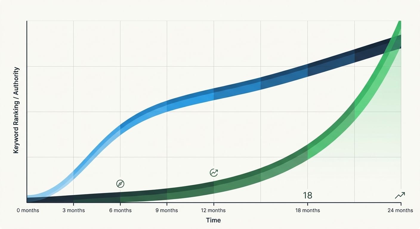 A timeline comparison showing traditional SEO results trajectory (steady upward keyword ranking curve over 6 months) versus entity authority results trajectory (slower initial growth with a steeper co