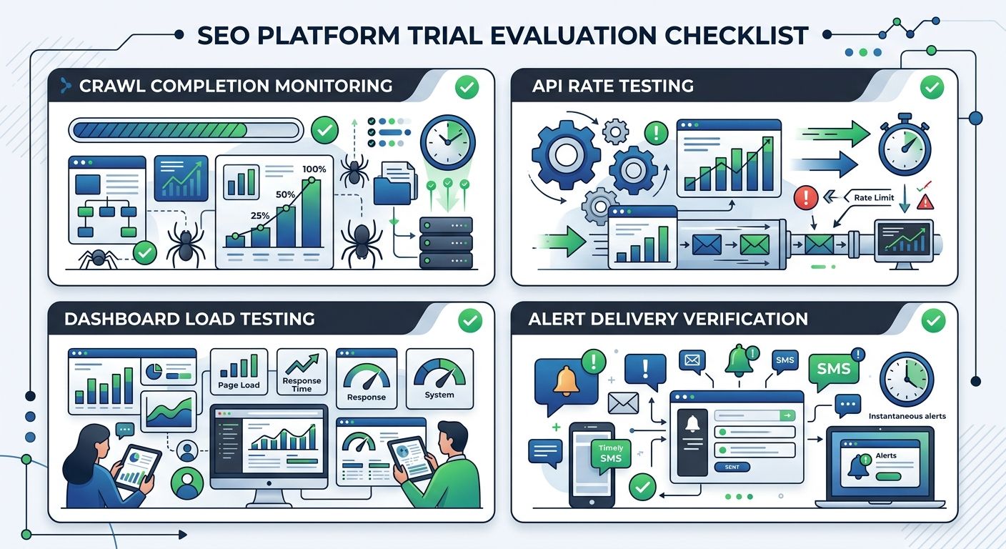 A checklist-style illustration showing key evaluation criteria for SEO platform trials, including crawl completion monitoring, API rate testing, dashboard load testing, and alert delivery verification