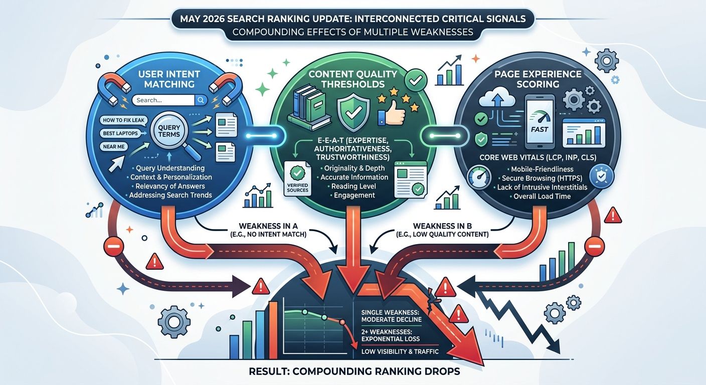 an infographic showing the three interconnected ranking signal categories of the May 2026 update - user intent matching, content quality thresholds, and page experience scoring - with arrows showing h