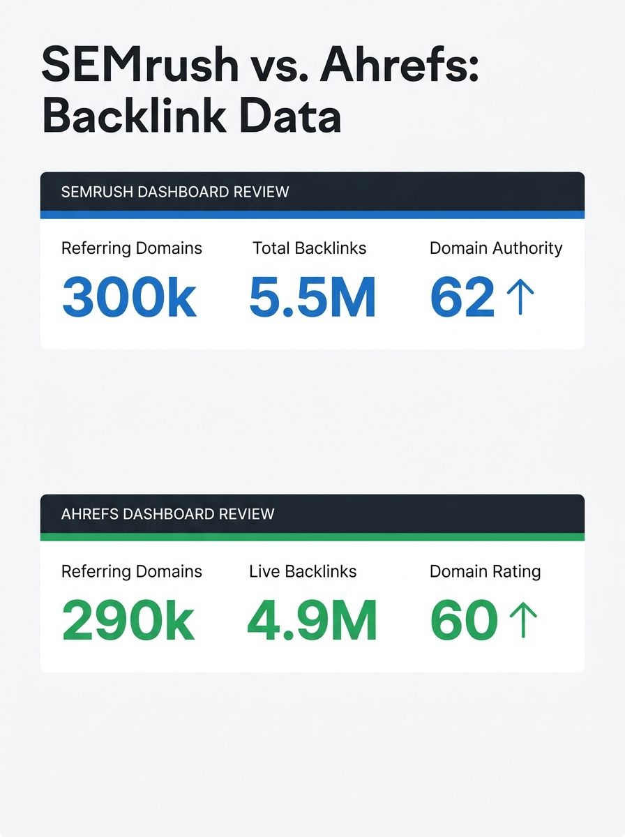 side-by-side comparison of SEMrush and Ahrefs backlink analysis dashboards showing the same domain with different metrics highlighted