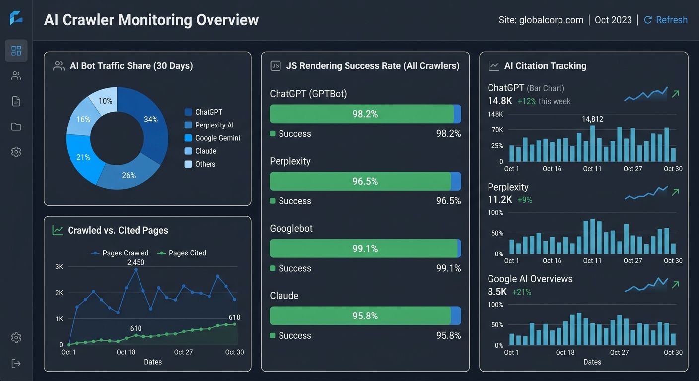 A dashboard mockup showing AI crawler monitoring metrics including bot traffic share by crawler type, crawled pages vs cited pages ratio, JavaScript rendering success rates, and AI citation tracking a