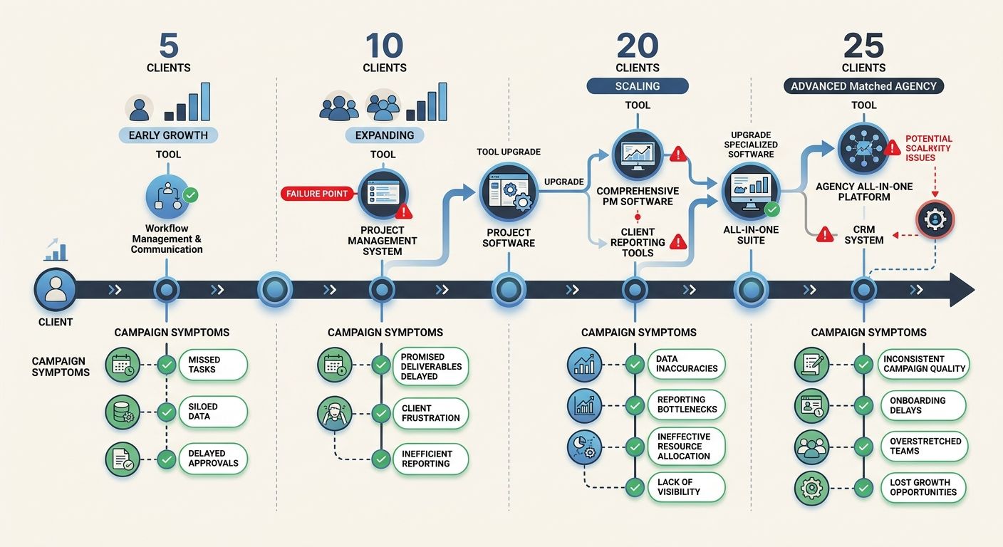 A timeline diagram showing the progression of an agency from 5 to 25 clients, marking common tool failure points at each growth stage and the corresponding symptoms that appear in client campaigns
