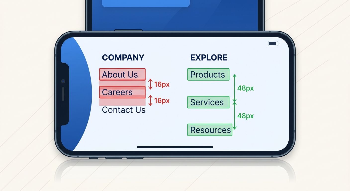 Illustration of a smartphone screen showing footer links with tap targets highlighted in red for elements too close together and green for properly spaced elements, with pixel measurements annotated