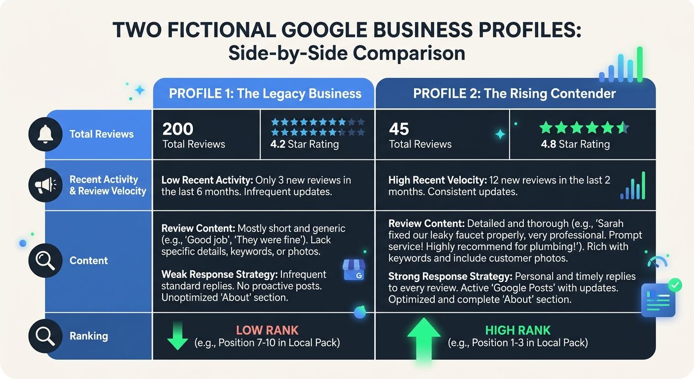 comparison table showing two fictional Google Business Profiles side by side - one with 200 total reviews but low recent activity and generic content, and another with 45 total reviews but high recent