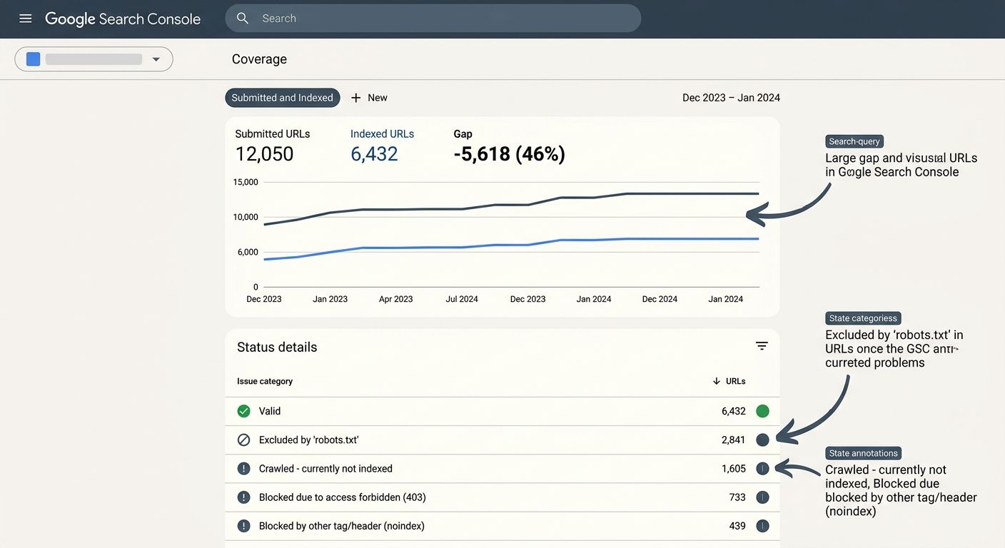 Screenshot-style illustration of a Google Search Console coverage report showing a gap between submitted URLs and indexed URLs, with annotations pointing to common problem areas like excluded by robot