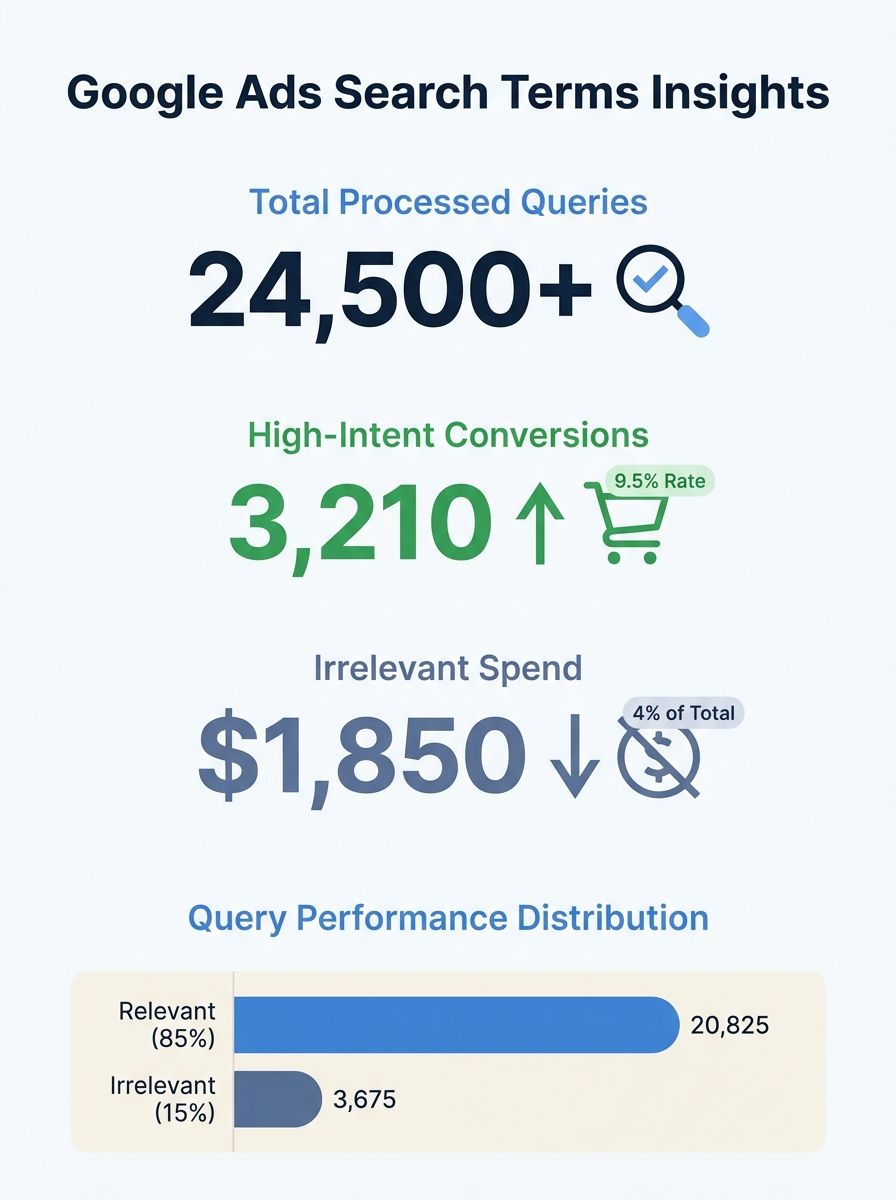 Google Ads search terms report dashboard showing query data and performance metrics