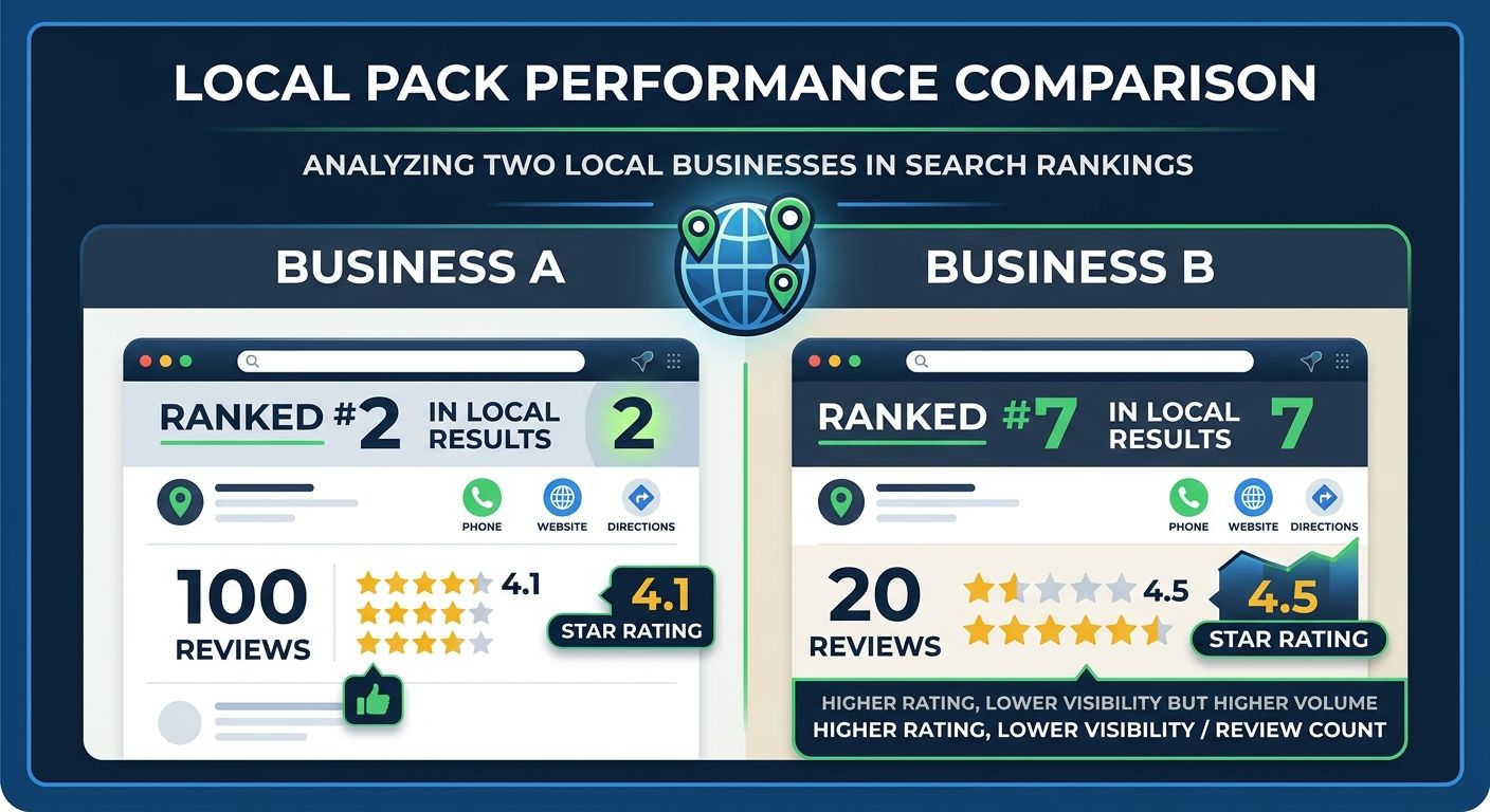 A comparison chart showing two businesses side by side - Business A with 100 reviews at 4.1 stars ranking position 2, versus Business B with 20 reviews at 4.5 stars ranking position 7 in local pack re