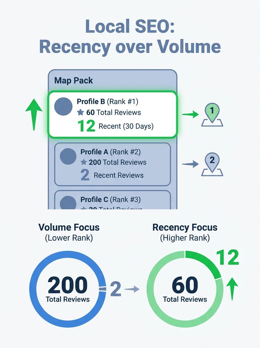 Infographic comparing two business profiles side by side — one with 200 total reviews but only 2 recent, the other with 60 total reviews but 12 in the last 30 days — showing the second outranking the 