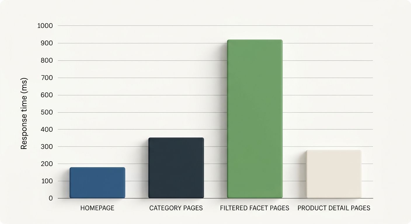 bar chart comparing server response times across different e-commerce page templates — homepage at 180ms, category pages at 350ms, filtered facet pages at 920ms, and product detail pages at 280ms