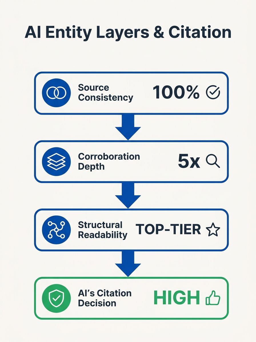 Diagram showing the three layers of AI entity model construction—source consistency, corroboration depth, and structural readability—with arrows showing how each feeds into the AI's citation decision