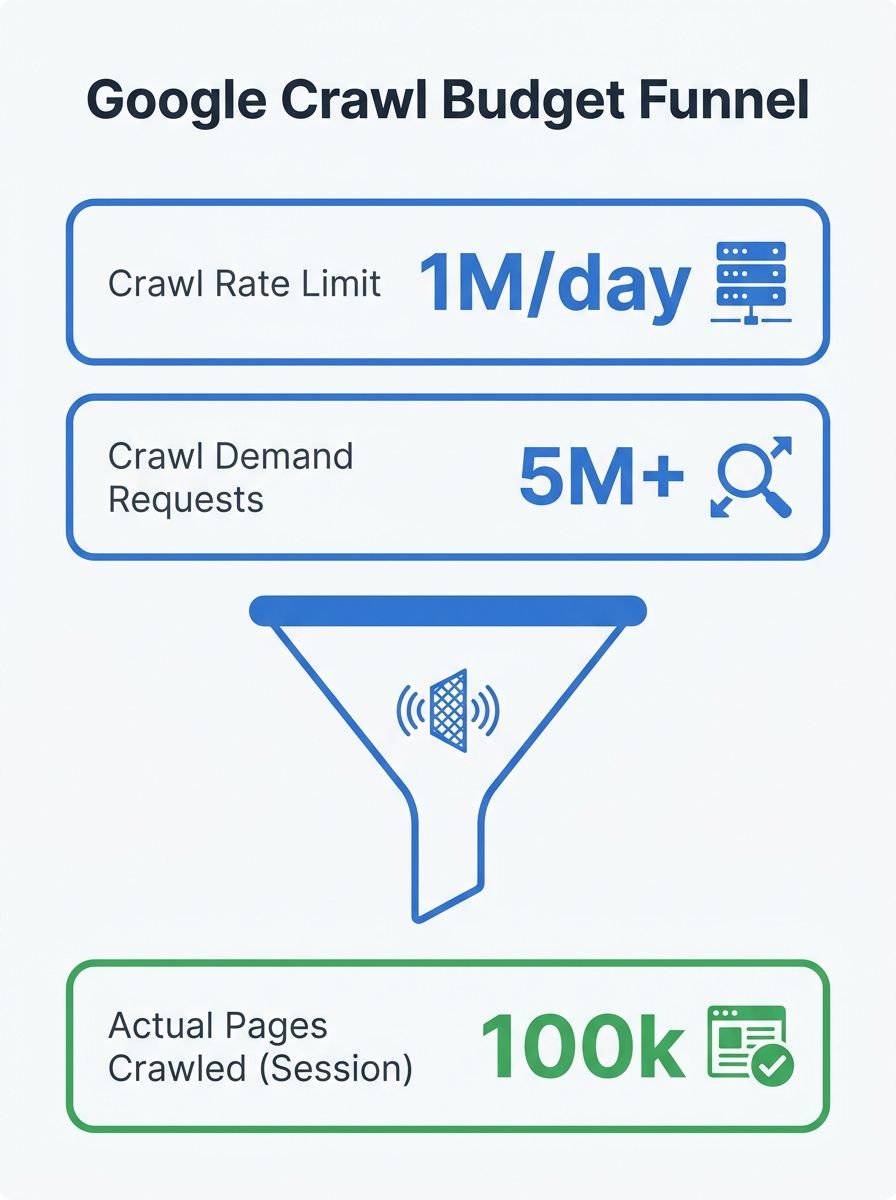 diagram showing Google's crawl budget as a funnel with crawl rate limit and crawl demand as two inputs, filtering down to actual pages crawled per session for a large e-commerce site