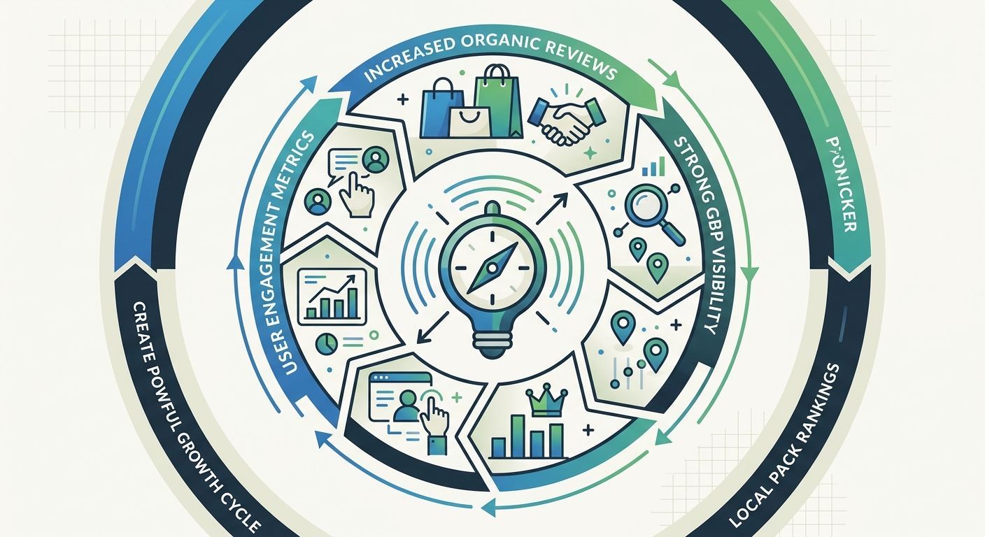 diagram showing the reinforcing feedback loop between review velocity, user engagement metrics on GBP listings, local pack ranking position, and increased visibility leading to more organic reviews