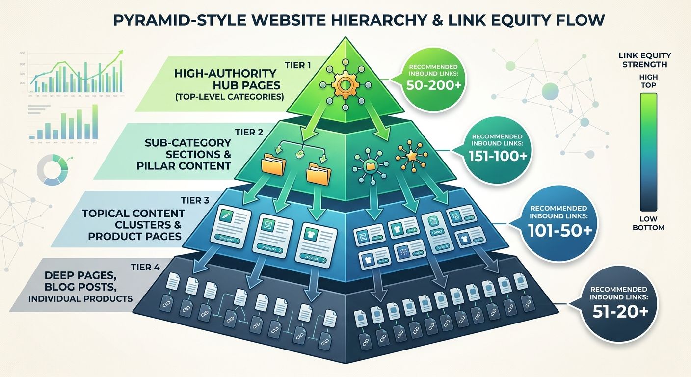 An infographic showing a pyramid-style site hierarchy with four tiers, arrows indicating link equity flow from top to bottom, with numerical ranges of recommended inbound internal links for each tier 