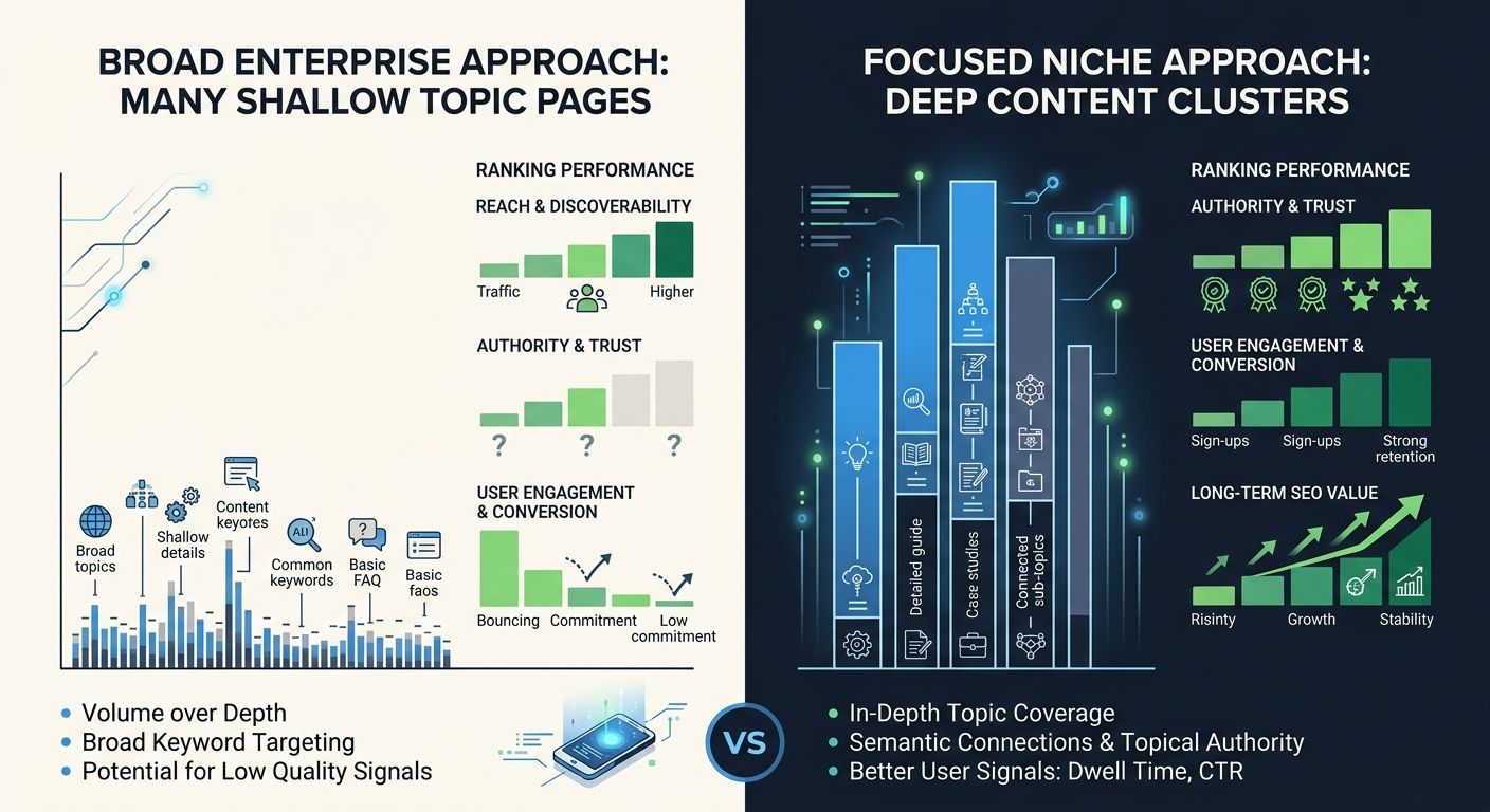 An infographic comparing two content strategies — a broad enterprise approach with many shallow topic pages (shown as a wide, thin bar graph) versus a focused niche approach with deep content clusters