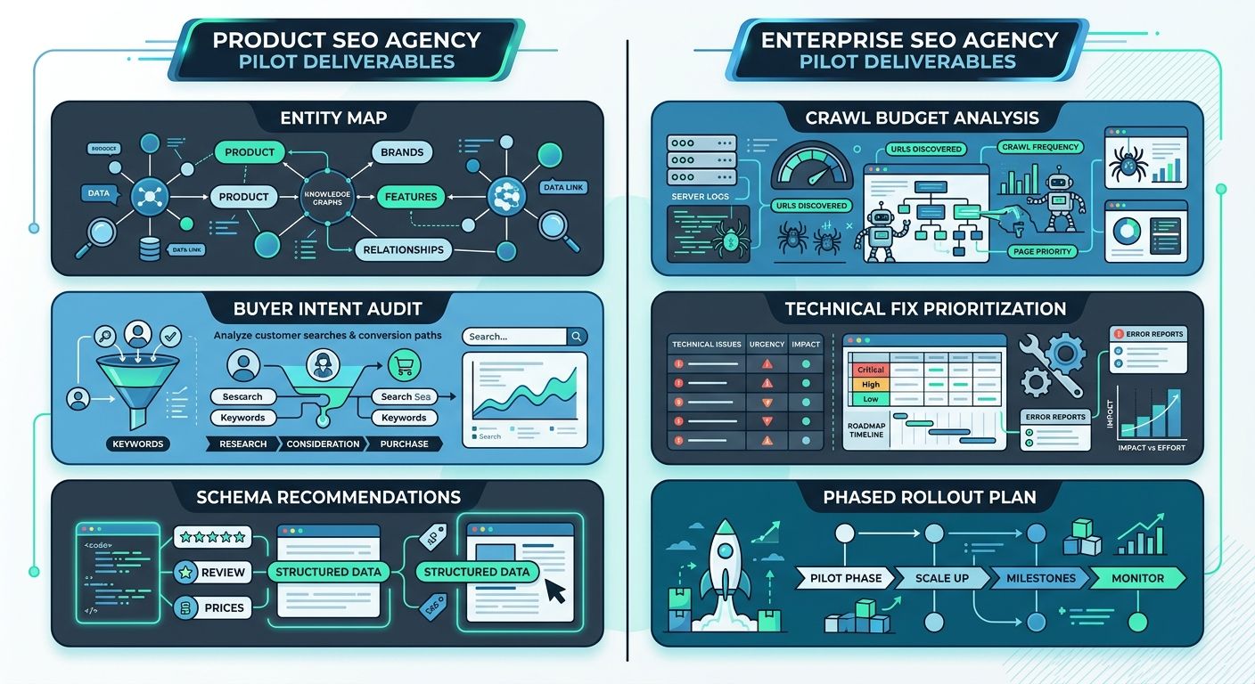 A side-by-side comparison table showing pilot engagement deliverables for Product SEO agencies on the left (entity map, buyer intent audit, schema recommendations) versus Enterprise SEO agencies on th