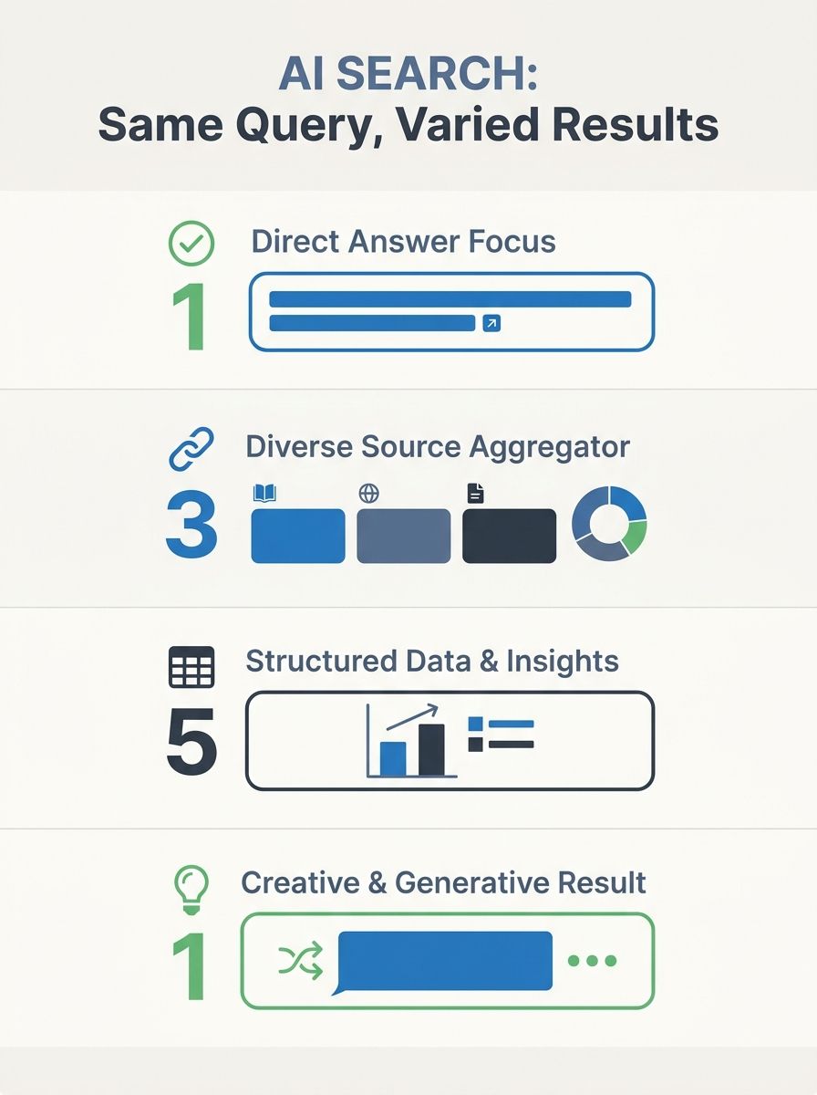 Five different AI search engine interfaces displaying varied results to identical queries