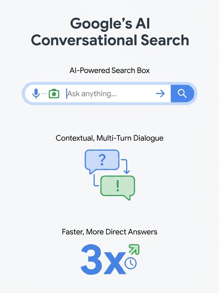 Google Search interface showing new AI-powered conversational search box with multi-modal input options