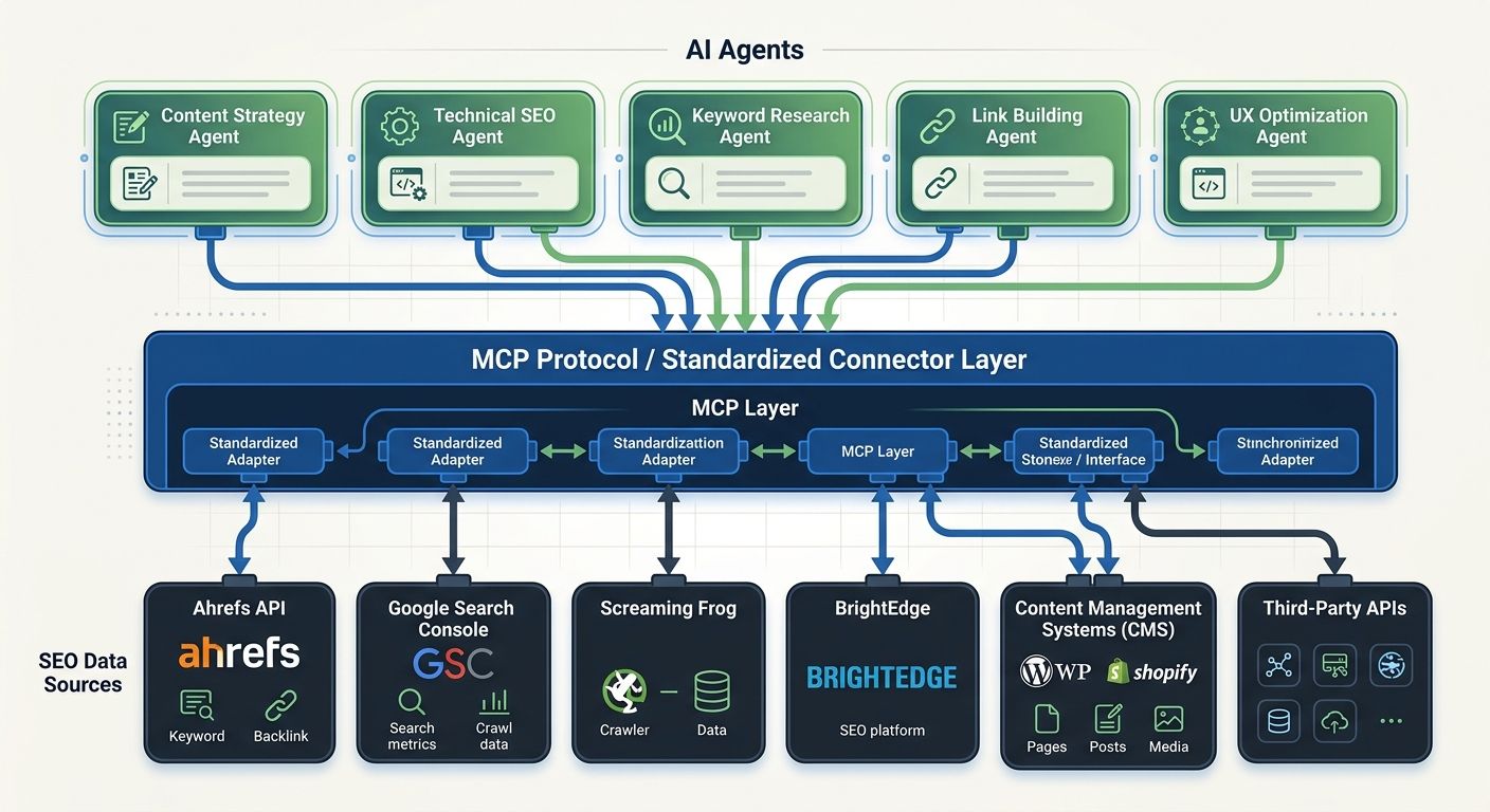 architectural diagram showing how MCP protocol connects multiple specialized AI agents to various SEO data sources including Ahrefs, Google Search Console, and CMS platforms through a single standardi