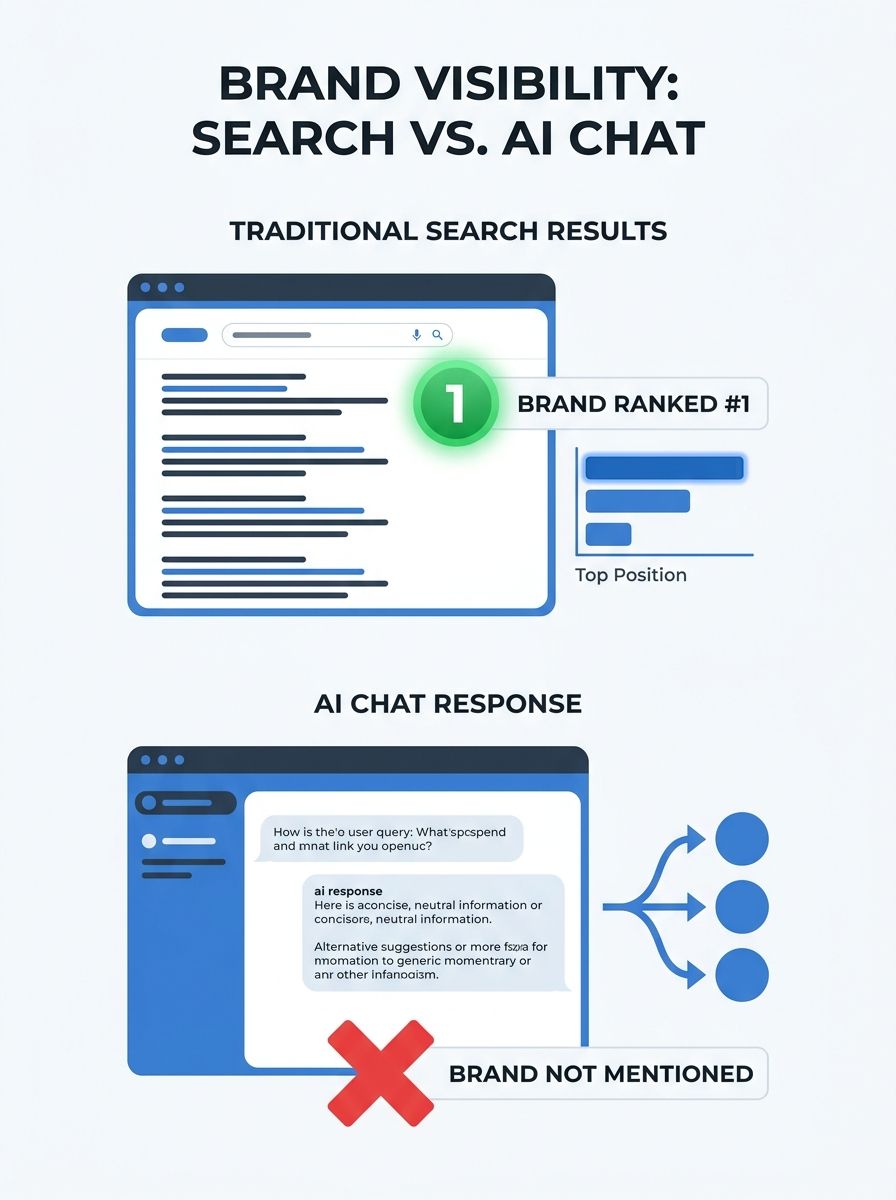 Split-screen comparison showing traditional Google search results ranking a brand #1 alongside an AI chat interface that doesn't mention the same brand in its response