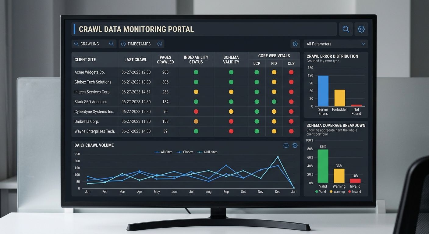 A monitoring dashboard showing real-time crawl data across multiple client websites, with green/yellow/red status indicators for indexability, schema validity, and Core Web Vitals