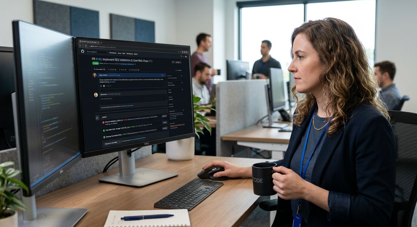 A developer reviewing a pull request on GitHub with automated SEO validation checks showing pass/fail results for schema validation, Core Web Vitals budget, and sitemap generation
