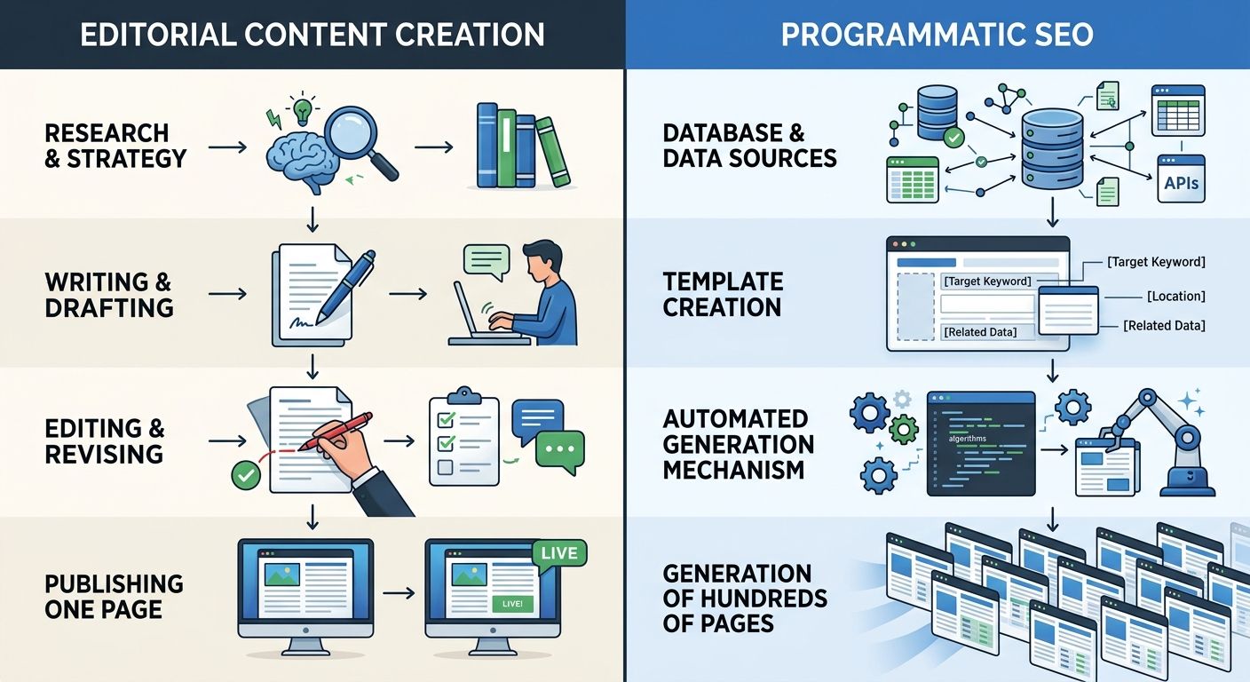 A split-screen comparison diagram showing editorial content creation process on the left (research, writing, editing, publishing one page) versus programmatic SEO on the right (database, template, aut