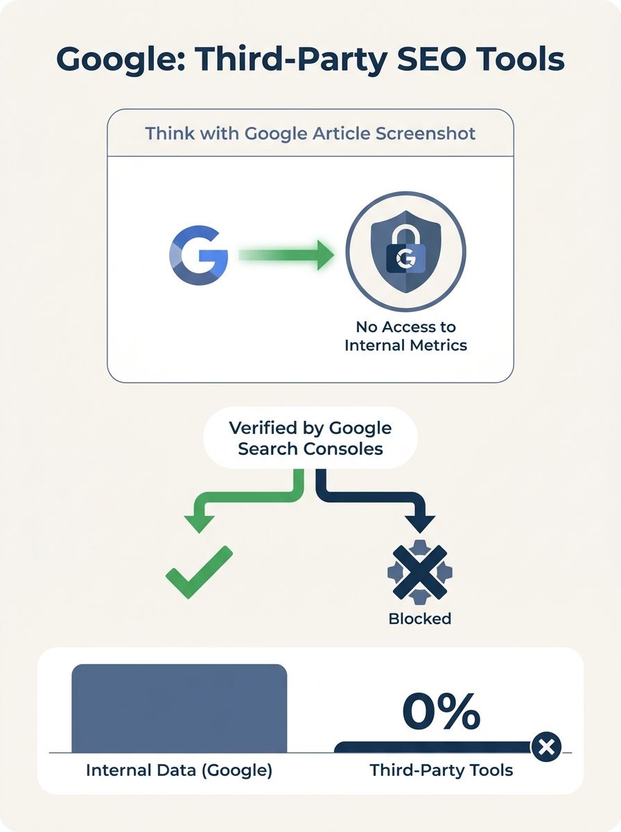 Screenshot of Think with Google article showing Google's statement that third-party SEO tools lack access to internal metrics
