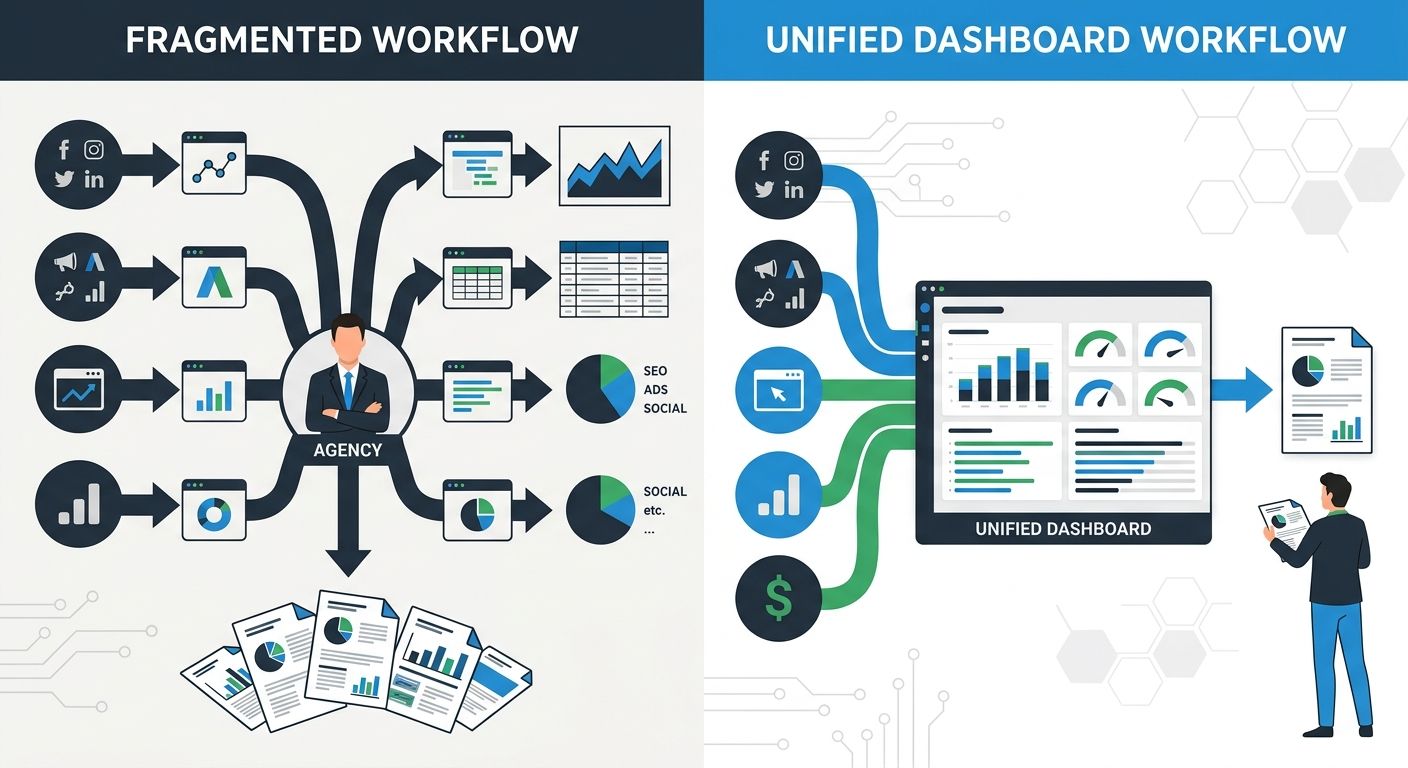 a side-by-side comparison showing two agency workflows - one with 5 separate reporting tools creating fragmented reports, and one with a single unified reporting dashboard pulling data from multiple s