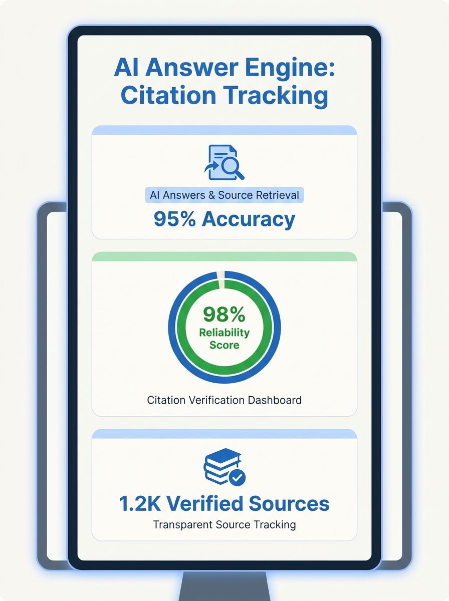 Computer screen showing AI answer engine results with citation tracking dashboard