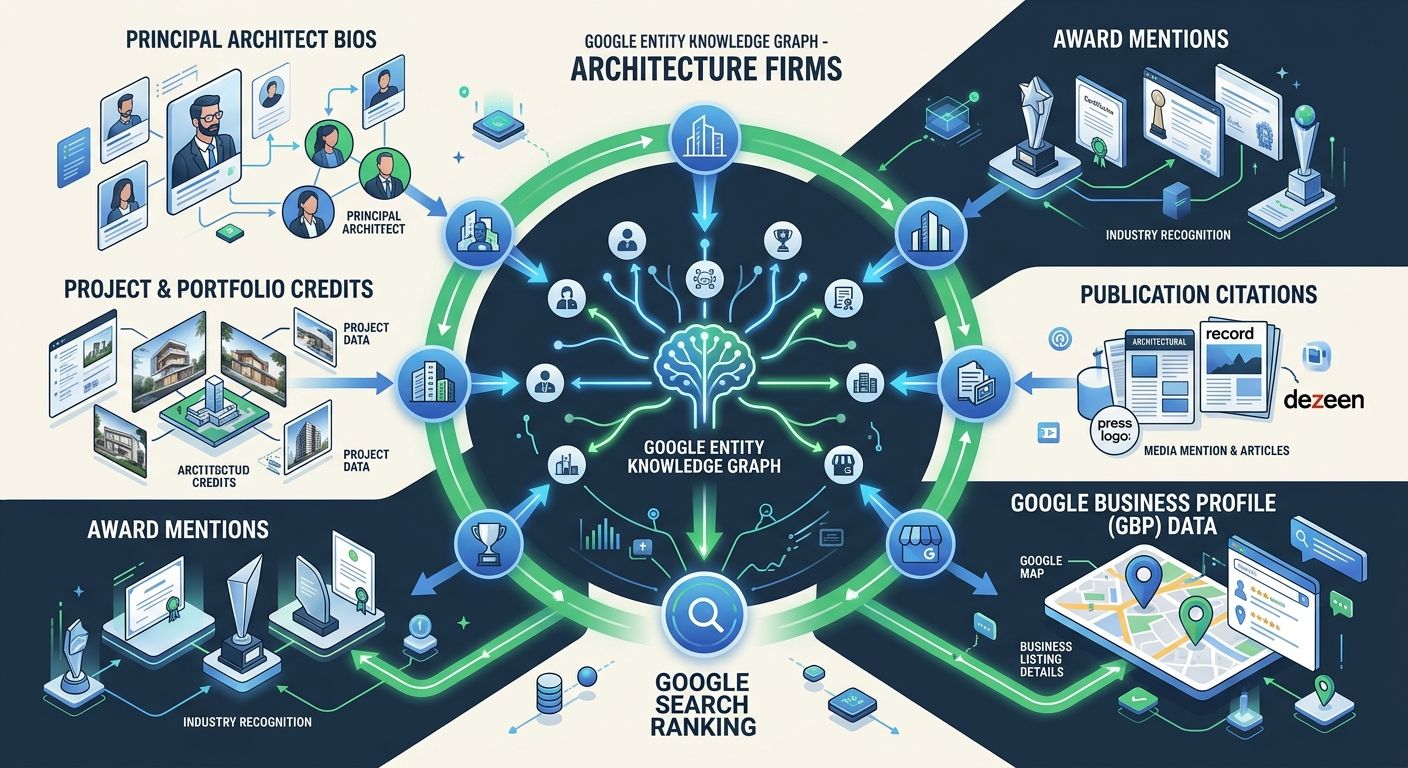 An infographic showing the components of entity-based ranking for architecture firms, depicting how Google connects principal bios, project credits, award mentions, publication citations, and Google B
