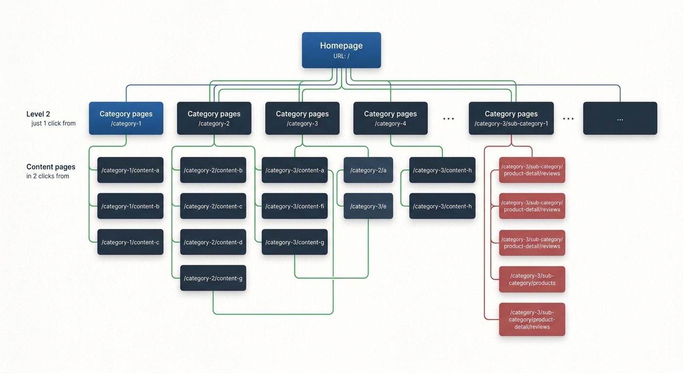 A hierarchical site architecture diagram showing a well-organized URL structure with homepage, category pages, and content pages within 3 clicks, with green paths for good structure and red paths for