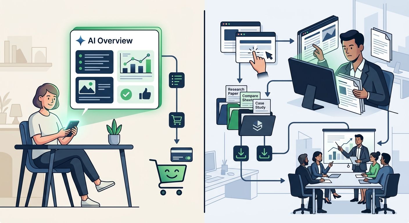 split comparison showing a B2C consumer getting a complete answer from an AI Overview panel versus a B2B buyer needing multiple page visits, document downloads, and stakeholder reviews before making a