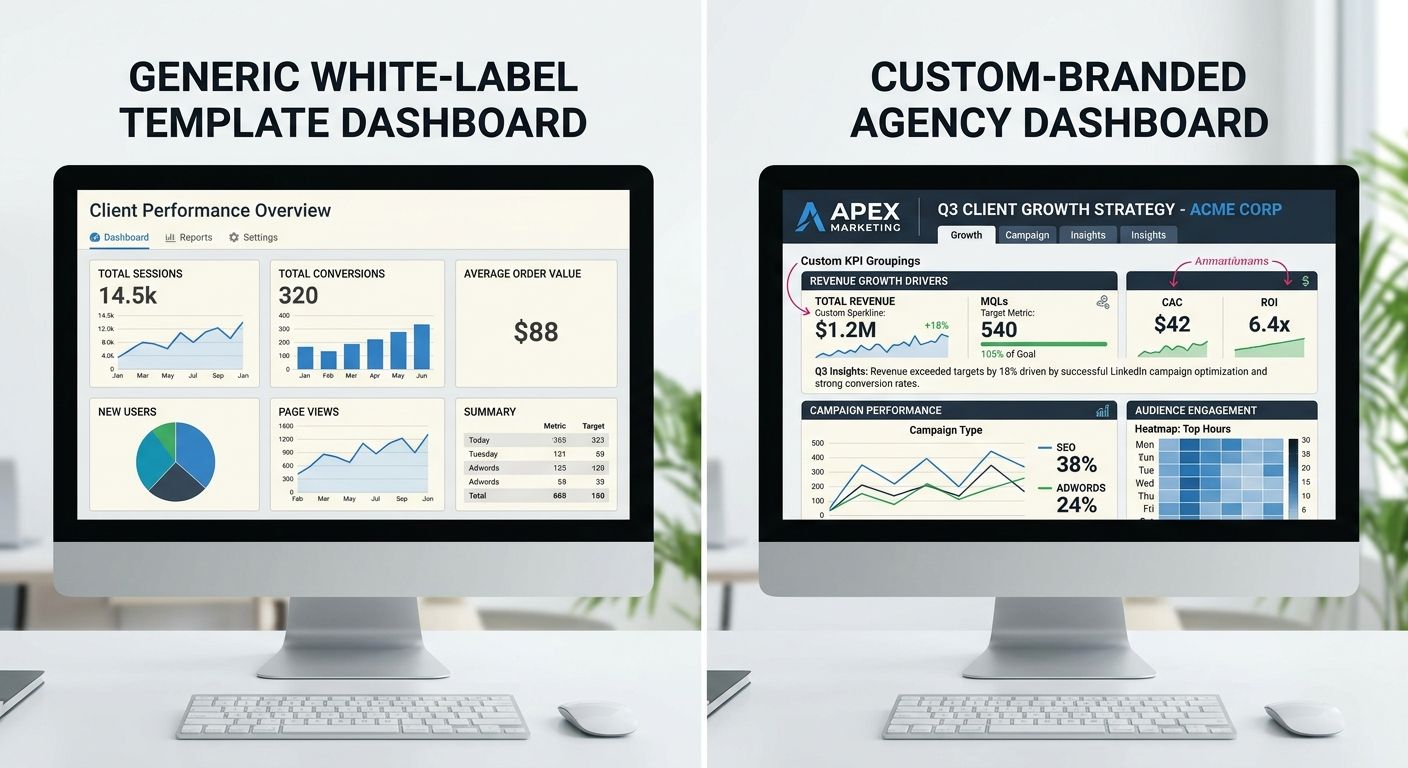 A side-by-side comparison of two client dashboards — one generic white-label template with standard metrics and default styling, and one custom-branded proprietary dashboard with unique KPI groupings,