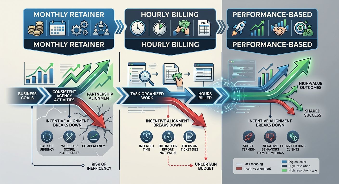 A comparison diagram showing three pricing models (monthly retainer, hourly billing, performance-based) with arrows indicating where incentive alignment breaks down in each model