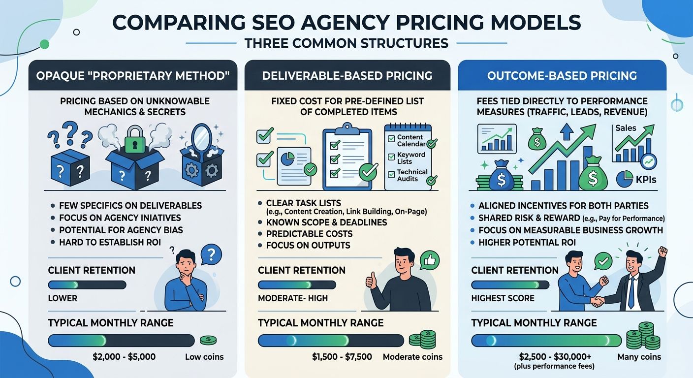 An infographic comparing three SEO agency pricing models: opaque "proprietary method" pricing vs. deliverable-based pricing vs. outcome-based pricing, showing client retention rates and typical monthl