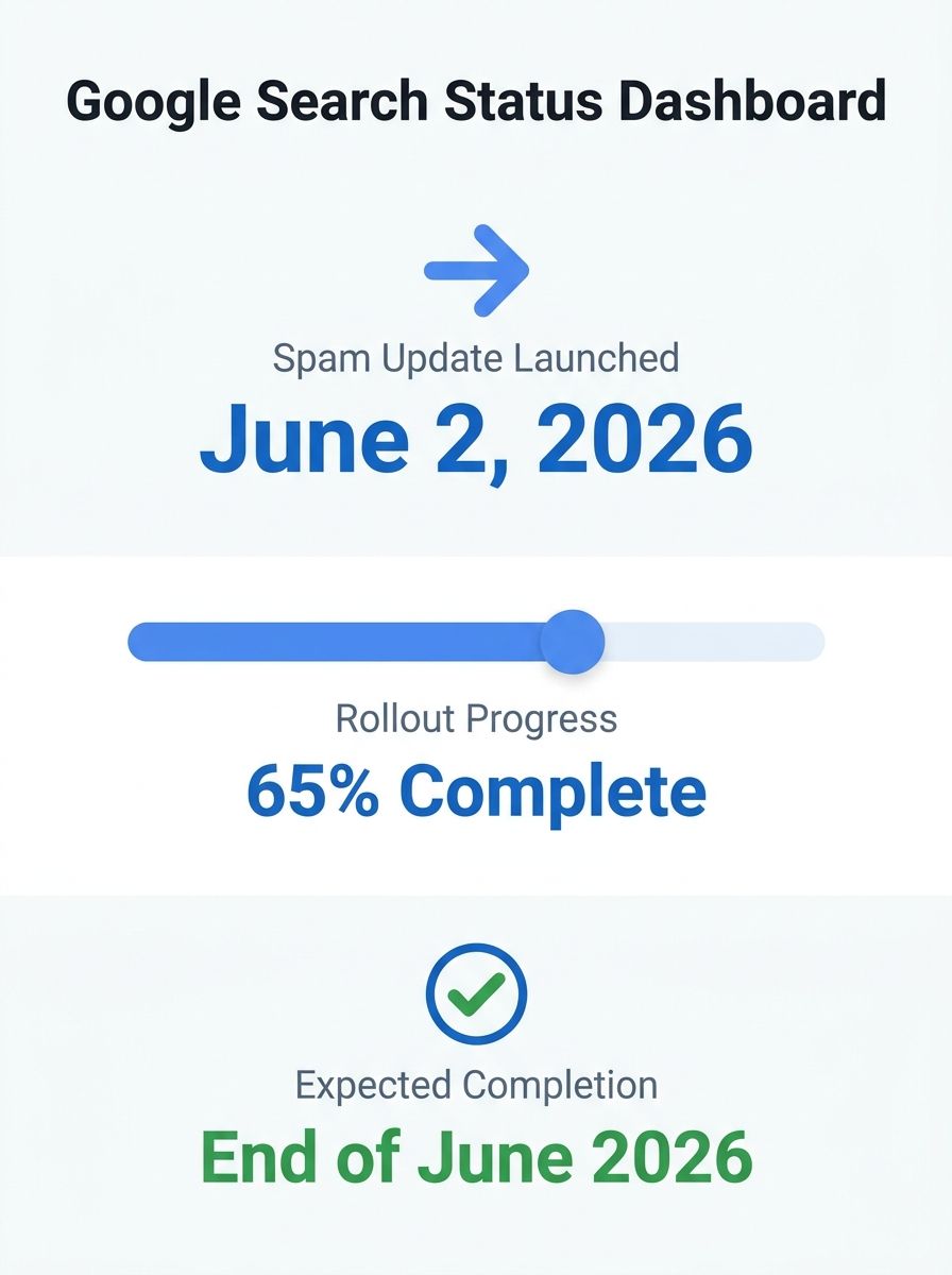Google Search Status Dashboard showing June 2026 spam update rollout timeline