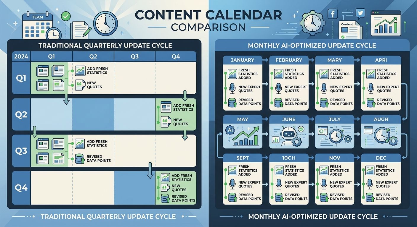 A content calendar comparison showing a traditional quarterly update cycle on the left versus a monthly AI-optimized update cycle on the right, with specific update tasks like adding fresh statistics,