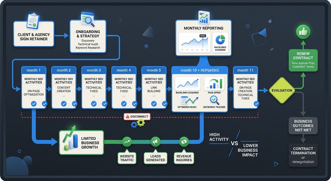 A flowchart showing the lifecycle of a typical 12-month SEO retainer — from signing through months of activity-based reporting to contract renewal, with a disconnect highlighted between deliverables c