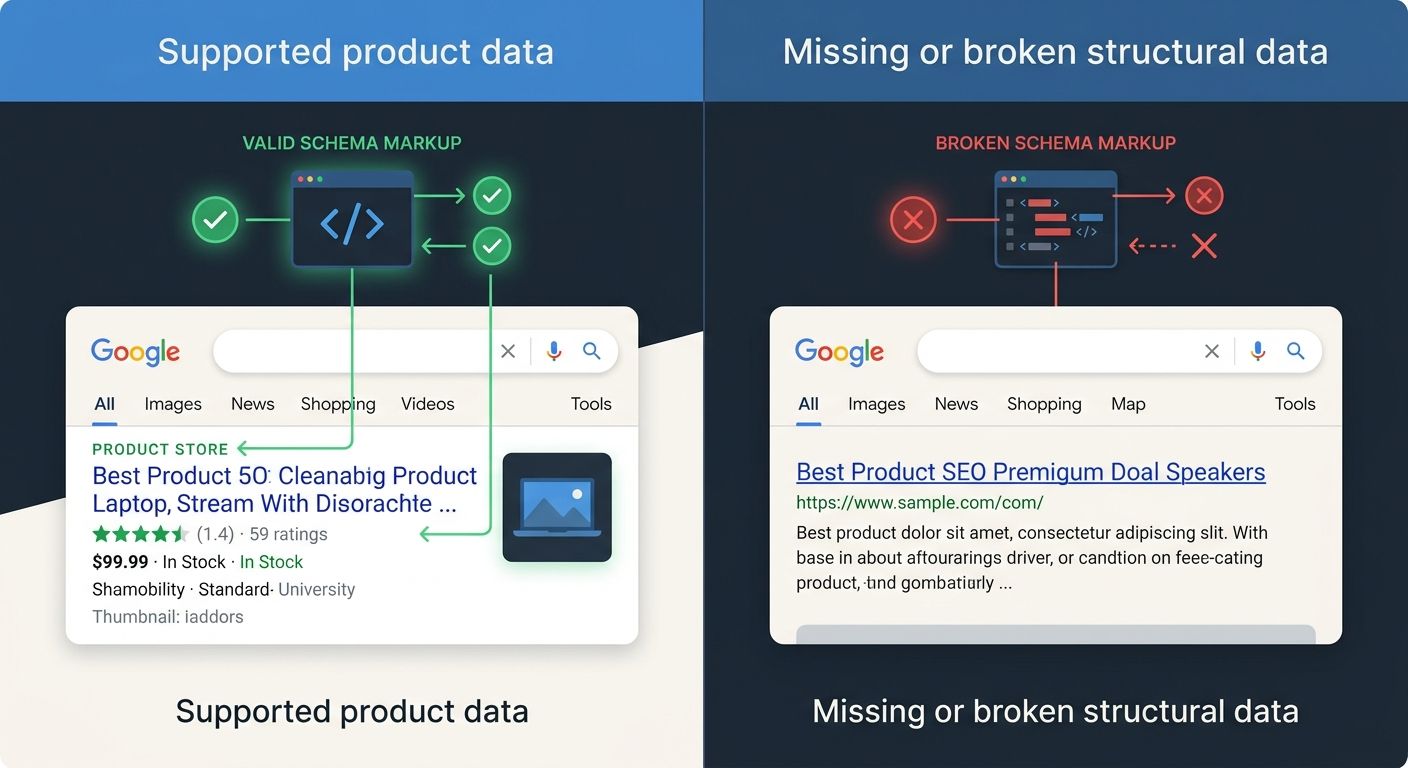 A side-by-side comparison showing a product page with valid schema generating a rich result in Google SERPs with price, rating, and availability, versus the same page with broken schema appearing as a
