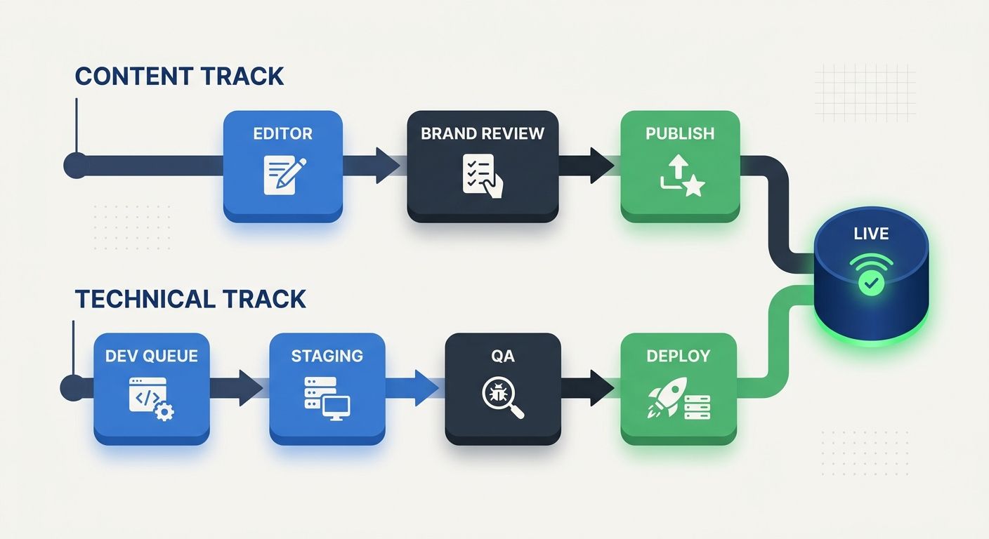 A split workflow diagram showing two parallel tracks labeled Content Track and Technical Track, with the Content Track flowing through Editor to Brand Review to Publish, and the Technical Track flowin