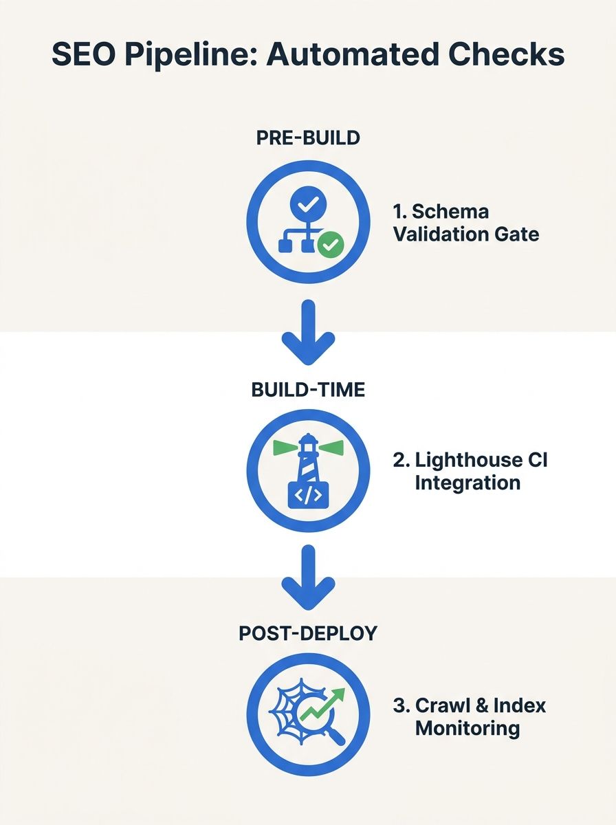A three-stage pipeline diagram showing pre-build, build-time, and post-deploy gates with specific SEO checks at each stage, including schema validation, Lighthouse CI, and crawl monitoring