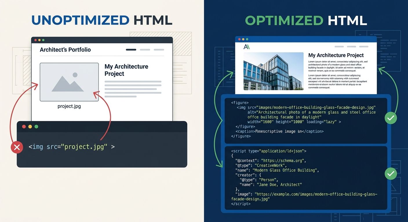 A before-and-after comparison of an architecture portfolio image's HTML code, showing the difference between an unoptimized image tag with a generic filename and no alt text versus an optimized tag wi