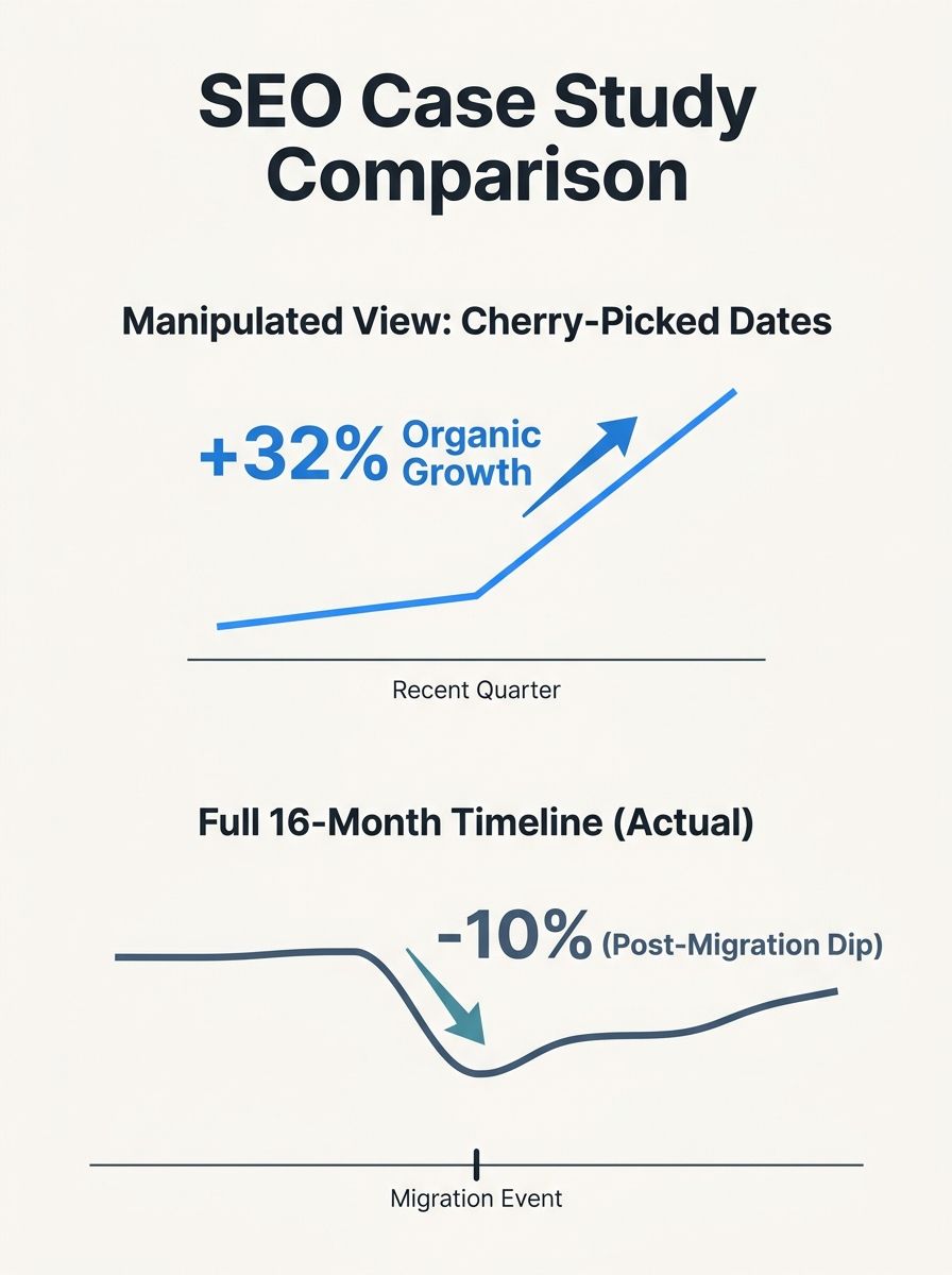 A side-by-side comparison showing a manipulated SEO case study graph with cherry-picked dates versus the full 16-month timeline view revealing the actual performance context including a migration dip