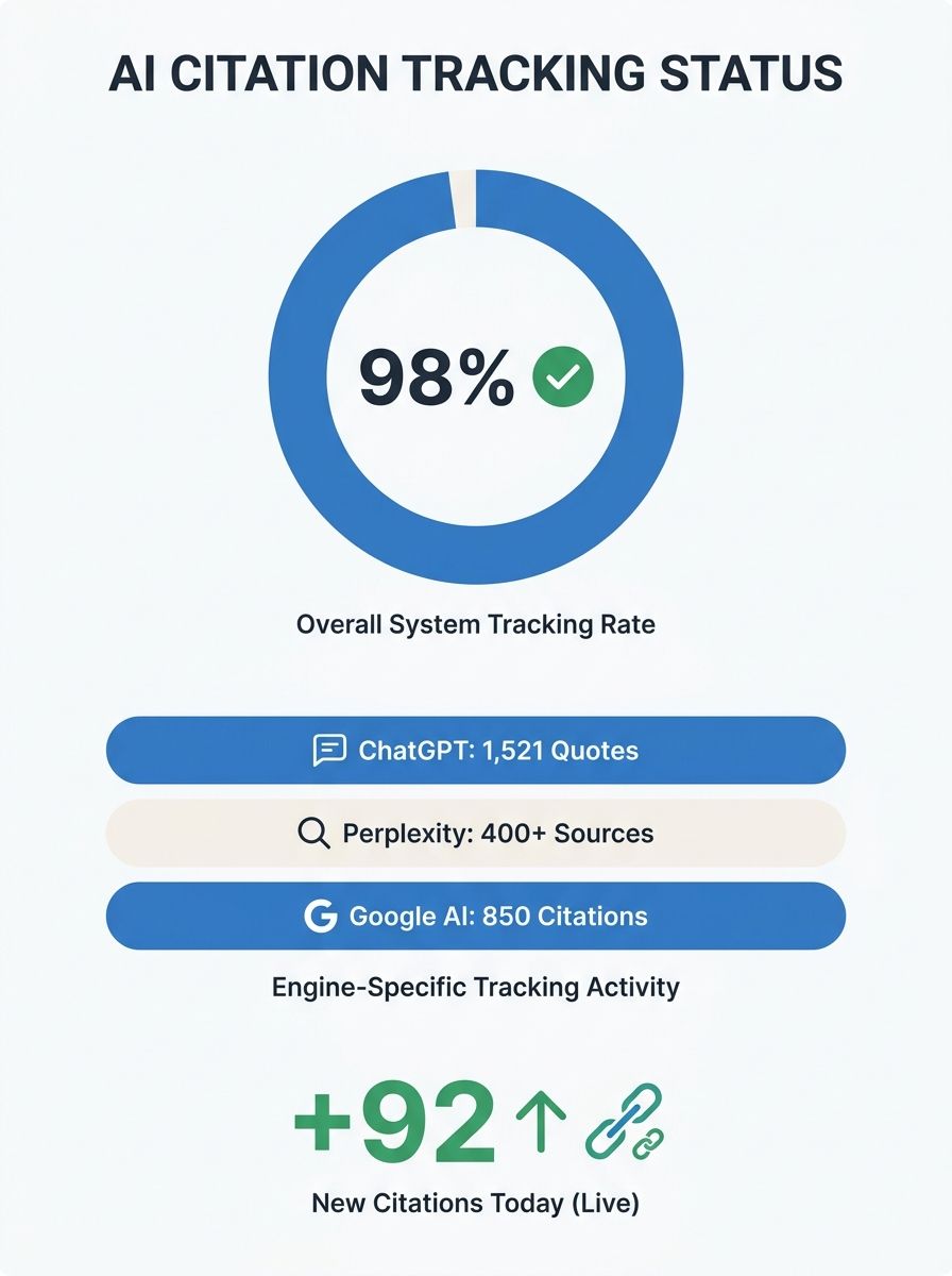 Dashboard showing AI citation tracking across multiple search engines including ChatGPT, Perplexity, and Google AI Overviews