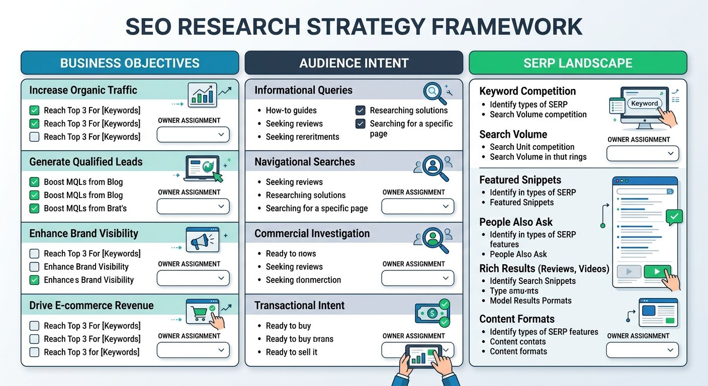 Three-column comparison table showing Business Objective, Audience Intent, and SERP Landscape sections with checkboxes and owner assignment fields